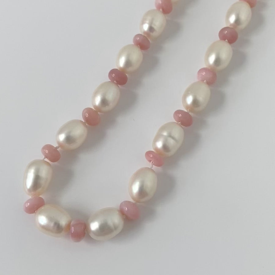 Pink Opal White Pearl Gemstone Necklace