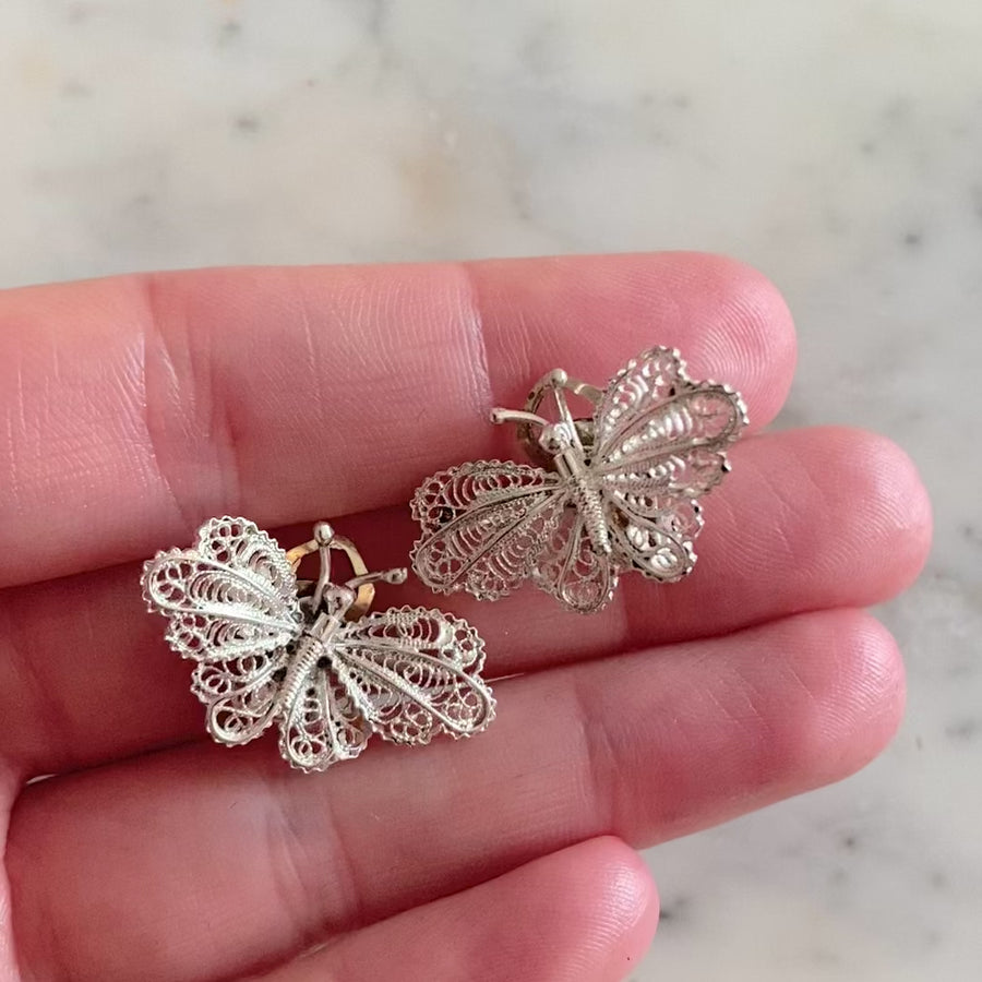 Vintage 1950s Silver Filigree Butterfly Clip On Earrings