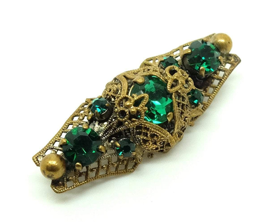 Vintage 1930s Czech emerald green bar brooch