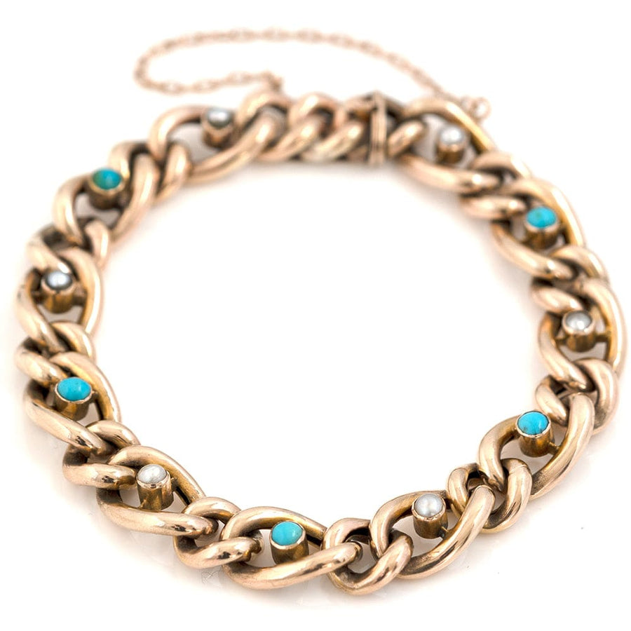 EDWARDIAN Bracelets Antique Edwardian 9ct Gold Turquoise Pearl Curb Bracelet Mayveda Jewellery