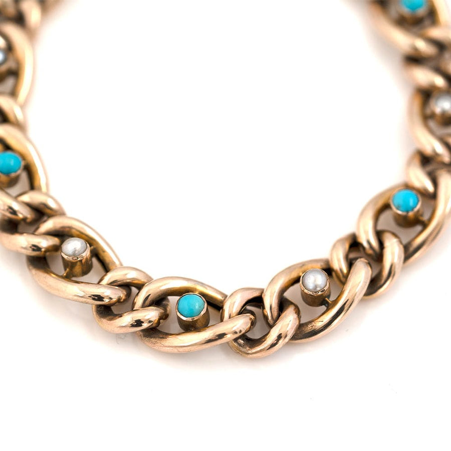 EDWARDIAN Bracelets Antique Edwardian 9ct Gold Turquoise Pearl Curb Bracelet Mayveda Jewellery