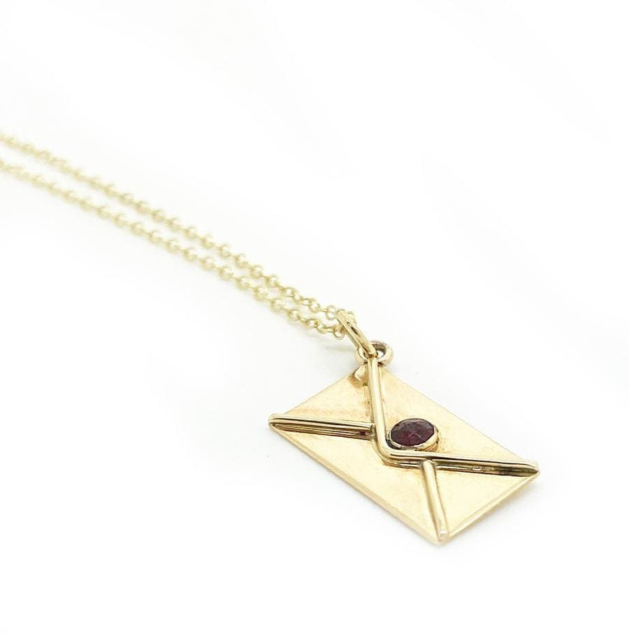 Mayveda Jewellery Necklace Handmade 9ct Gold Garnet Love Letter Charm Necklace