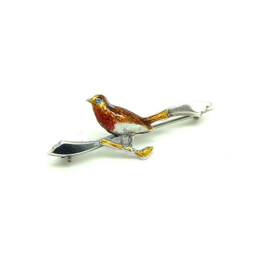 Antique Victorian Enamel Silver Robin Bird Brooch Pin